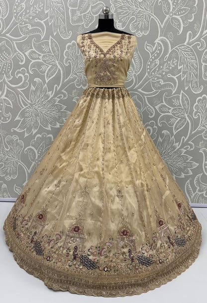 Off White Pure Chandnia Silk Handwork Motif Peacock Pattern Crystal Beads Multi Thread Dori &amp; Sequins Work Bridal Lehenga Choli