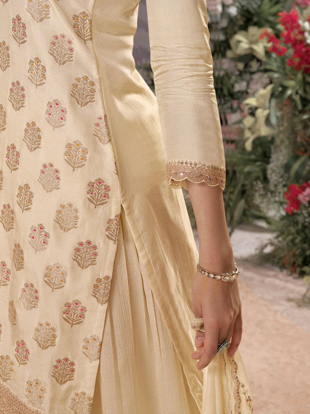 Beige party wear sharara dress with scalloped dupatta


