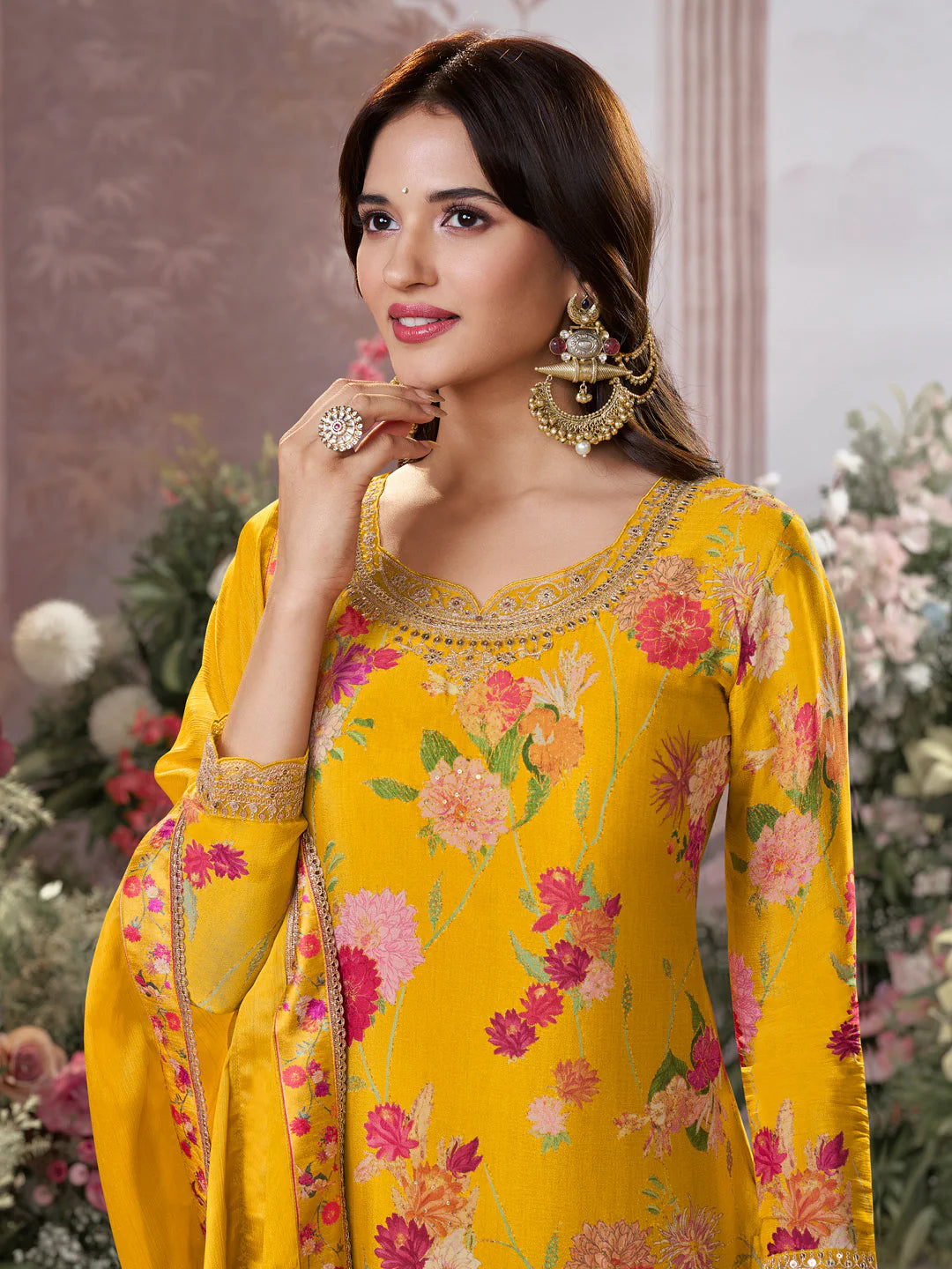 Festive mustard sharara suit with lace border dupatta and pearl detailing

