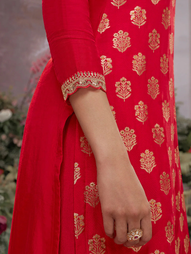 Red embroidered dola silk sharara suit with scalloped dupatta

