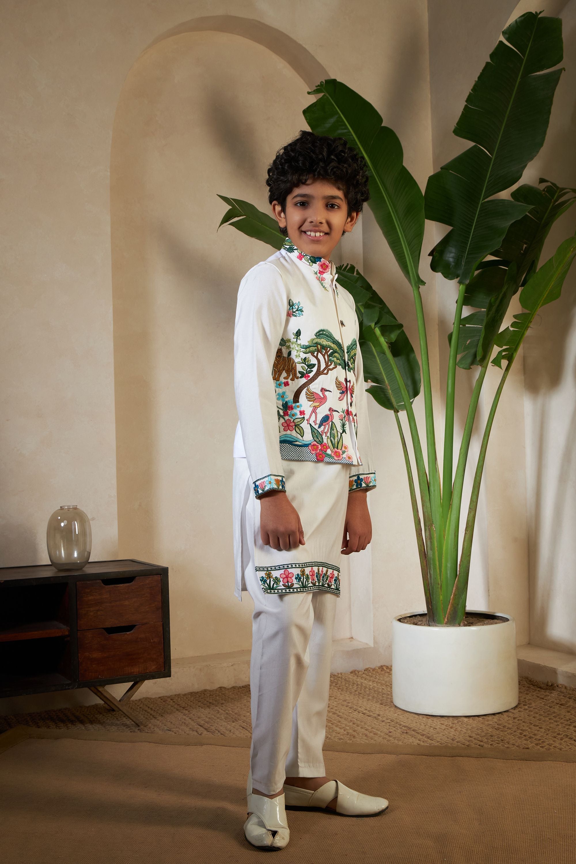 White Pure Viscose Silk Silk Kids Boy Kurta Pajama With Koti Jacket 