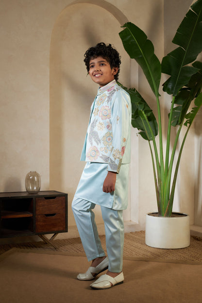 Pista Pure Satin Silk Kids Boy Kurta Pajama With Koti Jacket 