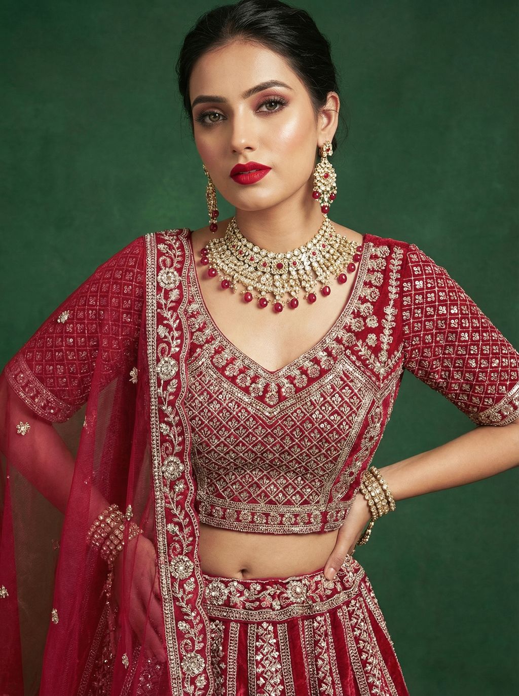 Red Pure Soft Satin Silk Heavy Embroidery Work Bridal Lehenga
