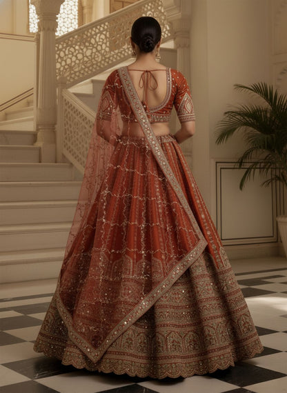Orange Pure Soft Gadhwal Silk Heavy Embroidery Work Bridal Lehenga