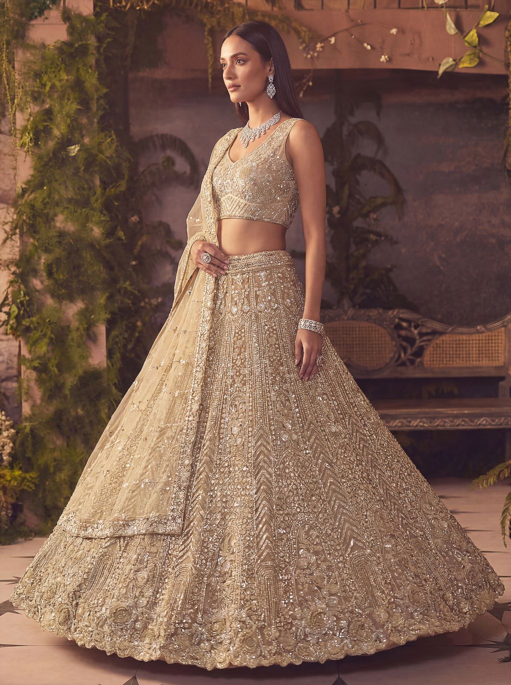 Beige Pure Soft Net Heavy Embroidery Work Bridal Lehenga 
