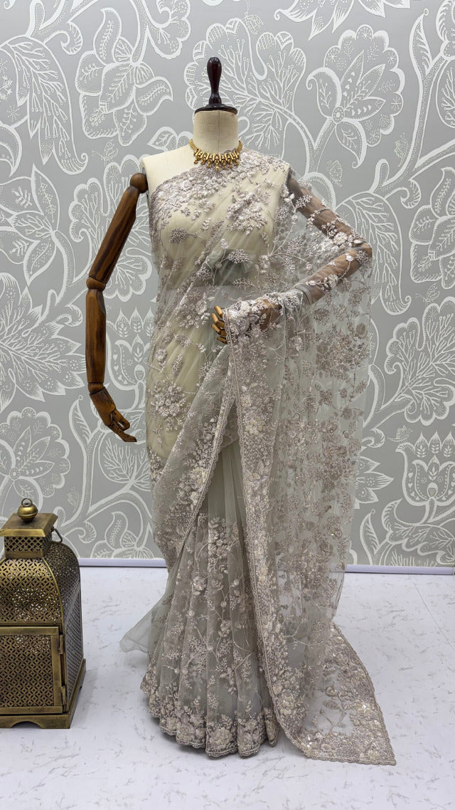 Beige Pure Premium Net Handwork Kasti &amp; Motif Zari Metallic Sequins Work Wedding Saree