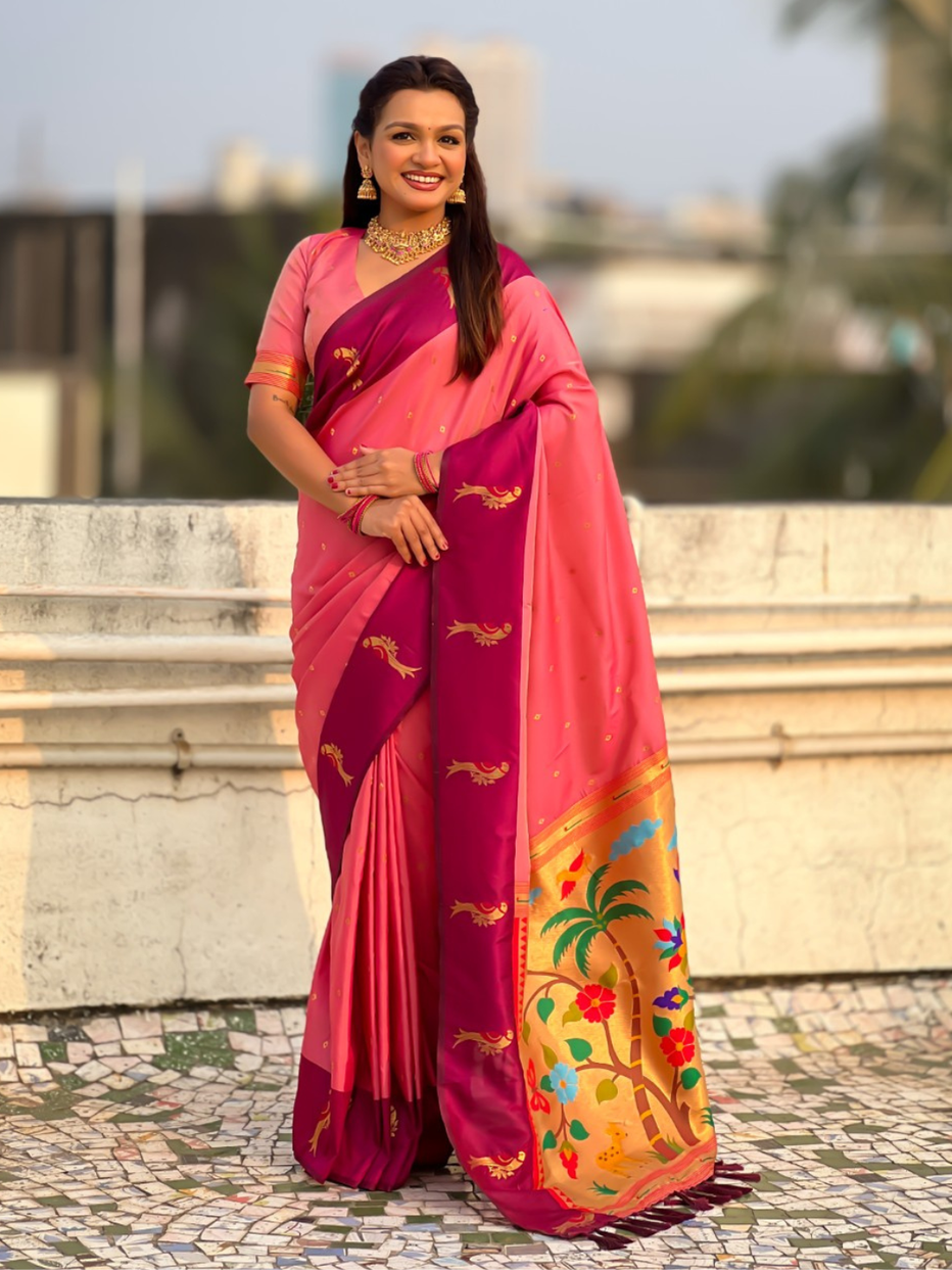 Pink Pure Premium Soft Silk Pichwai Nature Zari Weaving Saree 