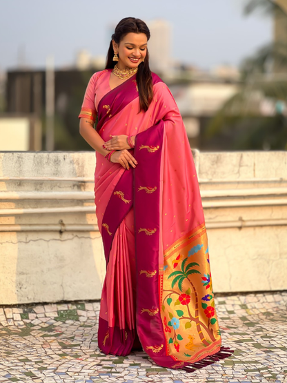 Pink Pure Premium Soft Silk Pichwai Nature Zari Weaving Saree 