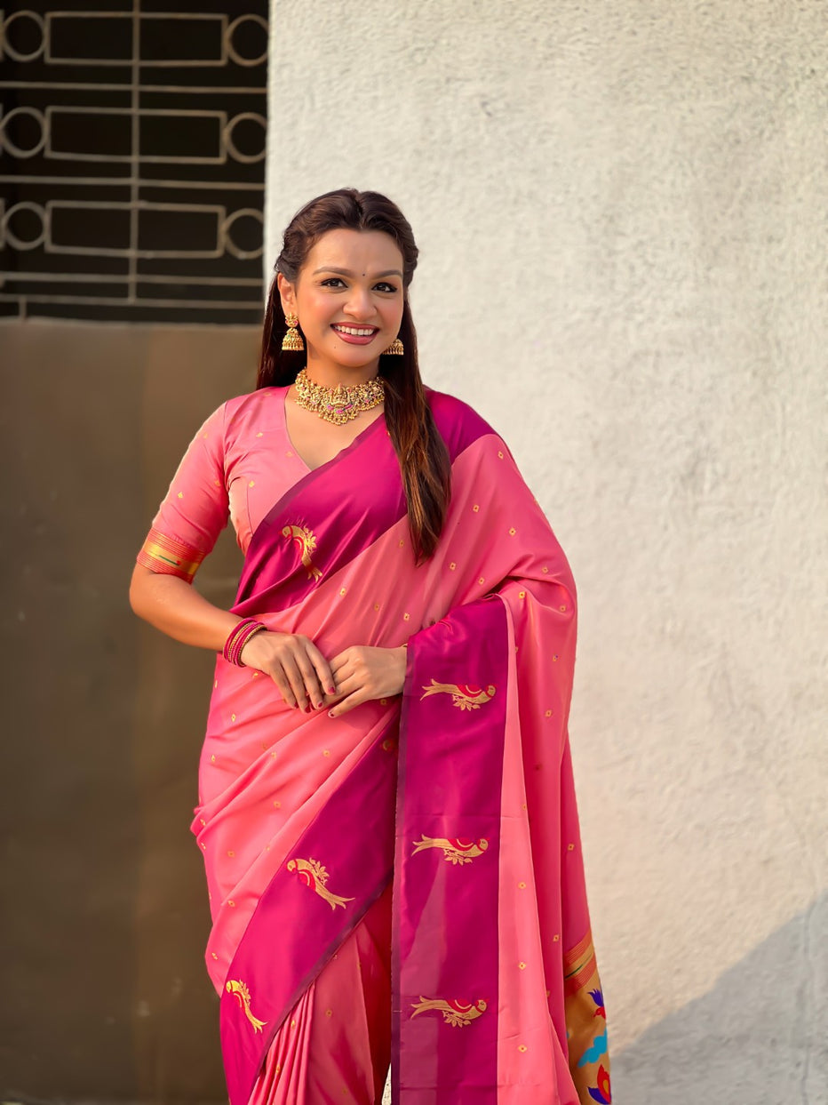 Pink Pure Premium Soft Silk Pichwai Nature Zari Weaving Saree 