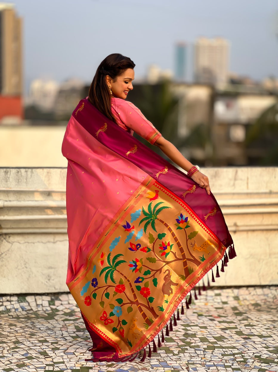 Pink Pure Premium Soft Silk Pichwai Nature Zari Weaving Saree