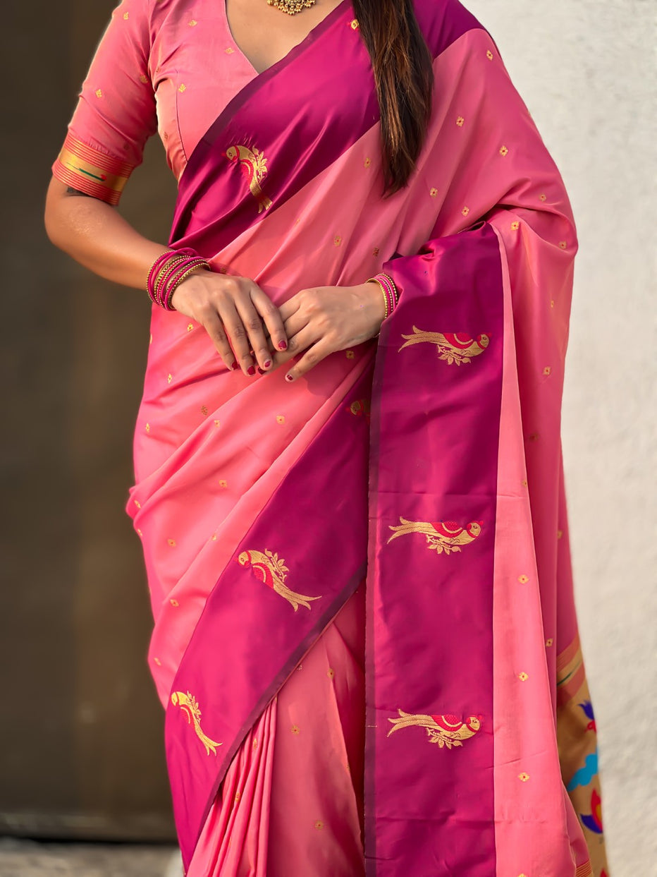 Pink Pure Premium Soft Silk Pichwai Nature Zari Weaving Saree 