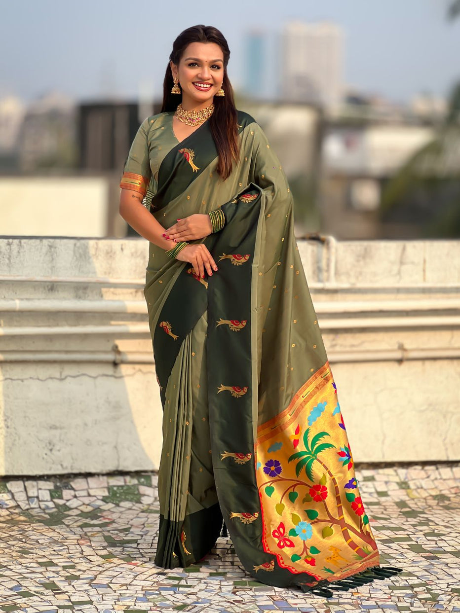Mehandi Premium Soft Silk Pichwai Nature Zari Weaving Saree