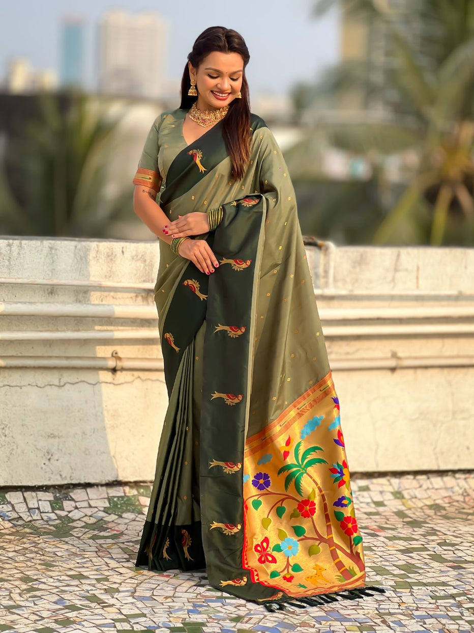 Mehandi Premium Soft Silk Pichwai Nature Zari Weaving Saree