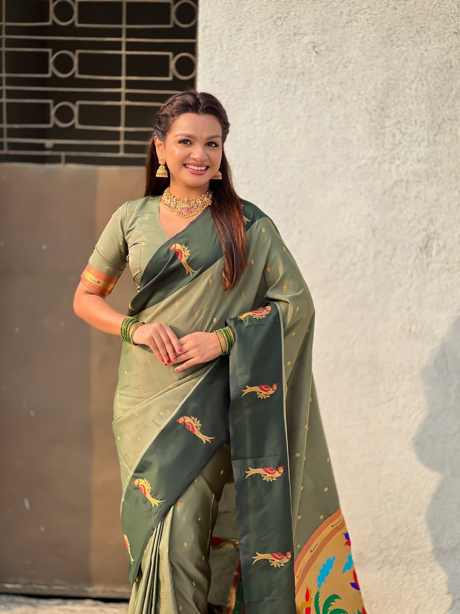 Mehandi Premium Soft Silk Pichwai Nature Zari Weaving Saree