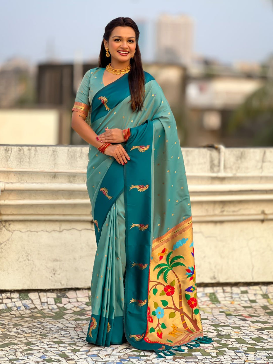 Aqua Blue Pure Premium Soft Silk Pichwai Nature Zari Weaving Saree 