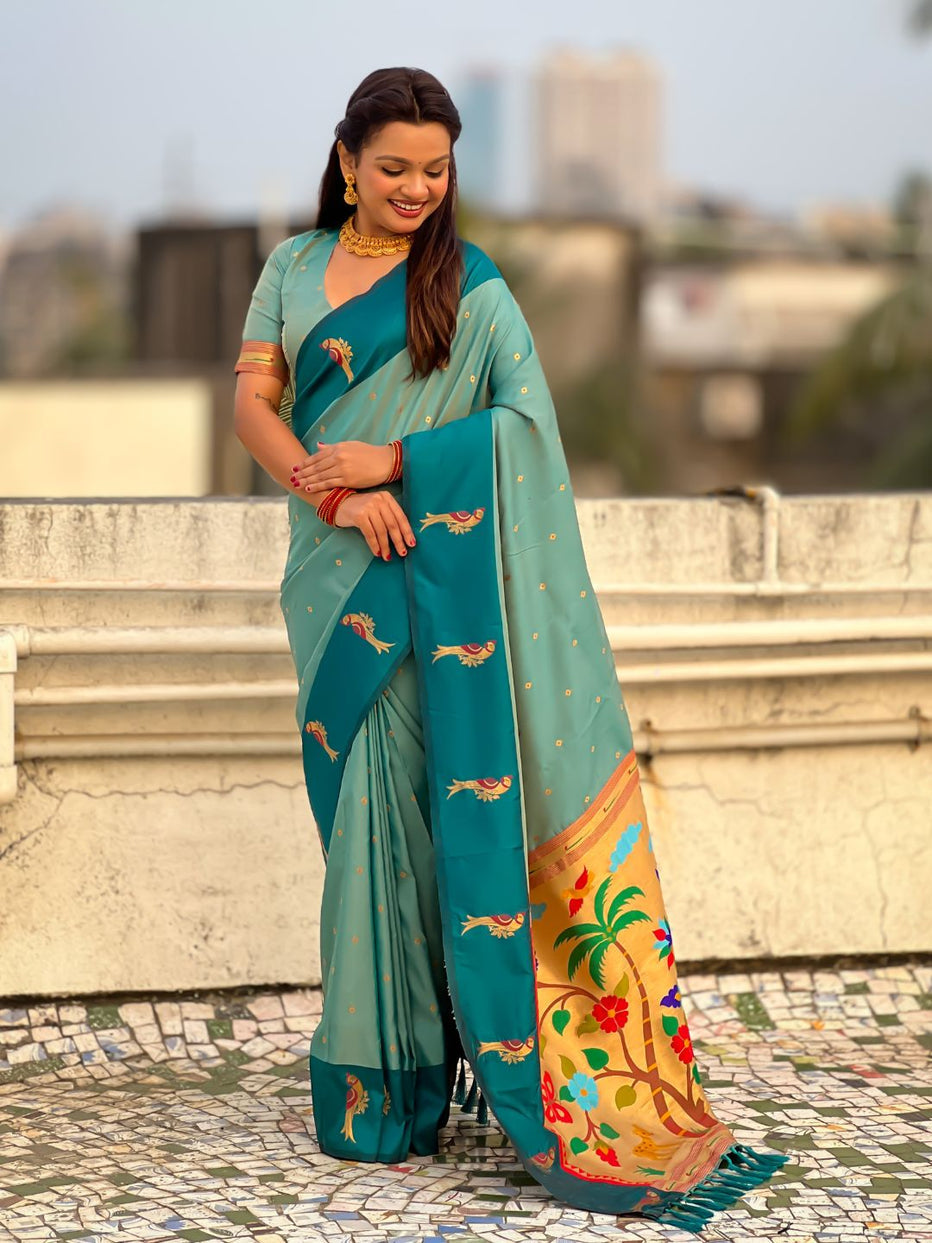 Aqua Blue Pure Premium Soft Silk Pichwai Nature Zari Weaving Saree 