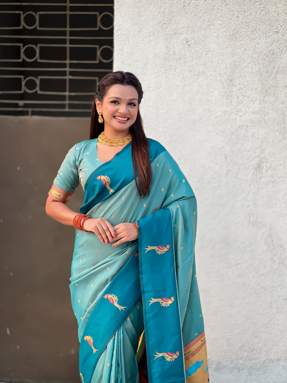 Aqua Blue Pure Premium Soft Silk Pichwai Nature Zari Weaving Saree 
