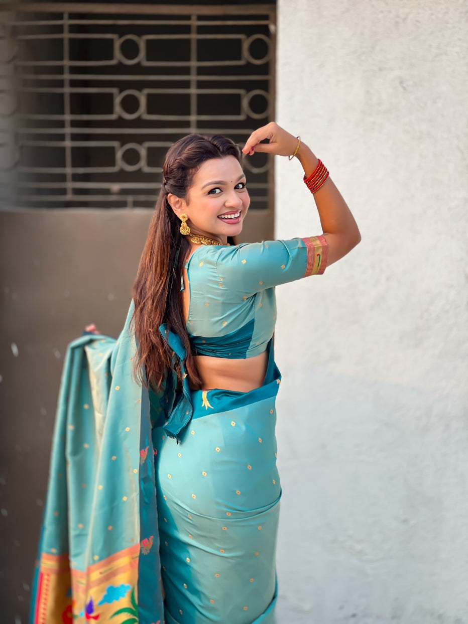 Aqua Blue Pure Premium Soft Silk Pichwai Nature Zari Weaving Saree 