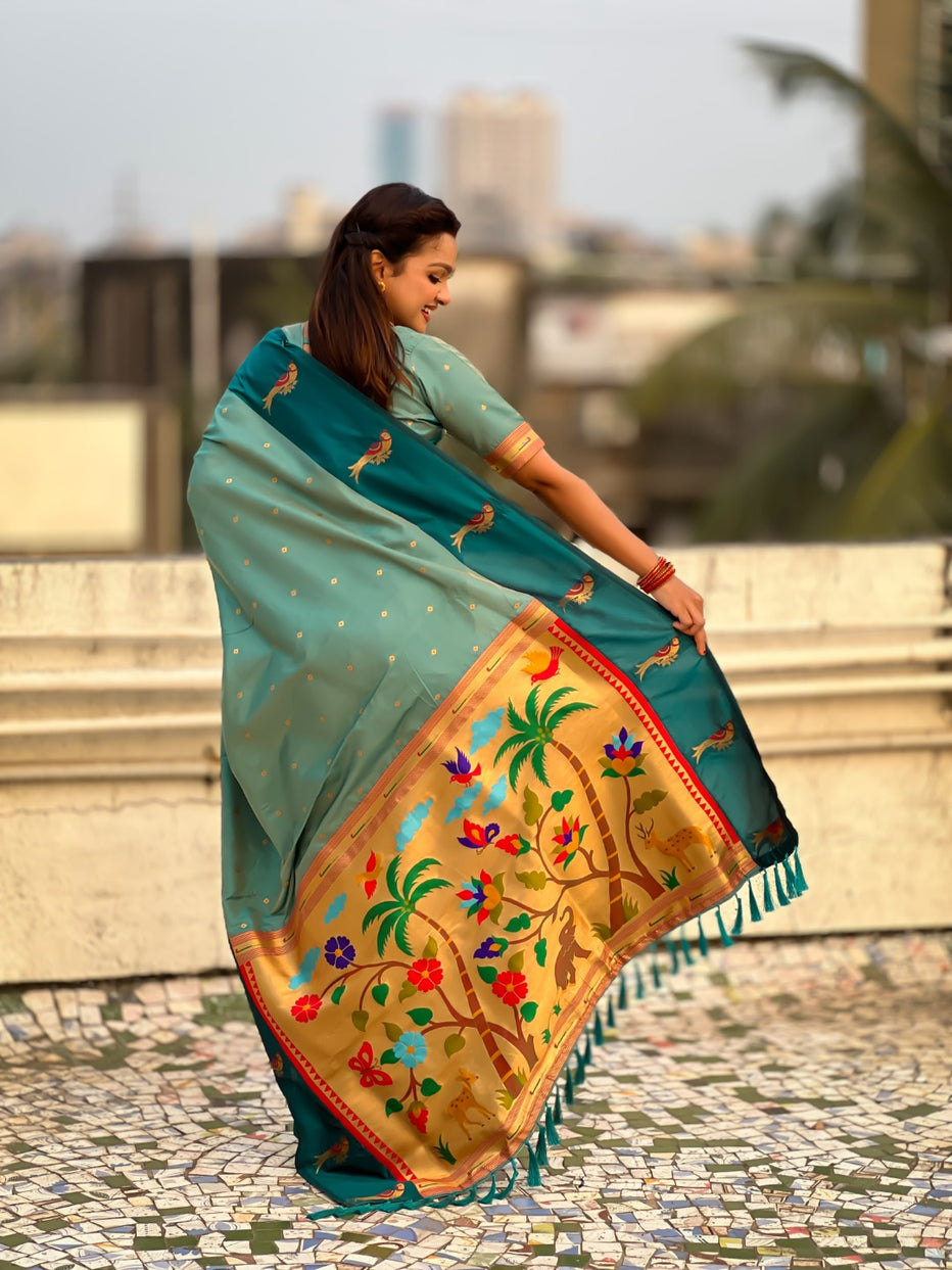 Aqua Blue Pure Premium Soft Silk Pichwai Nature Zari Weaving Saree 