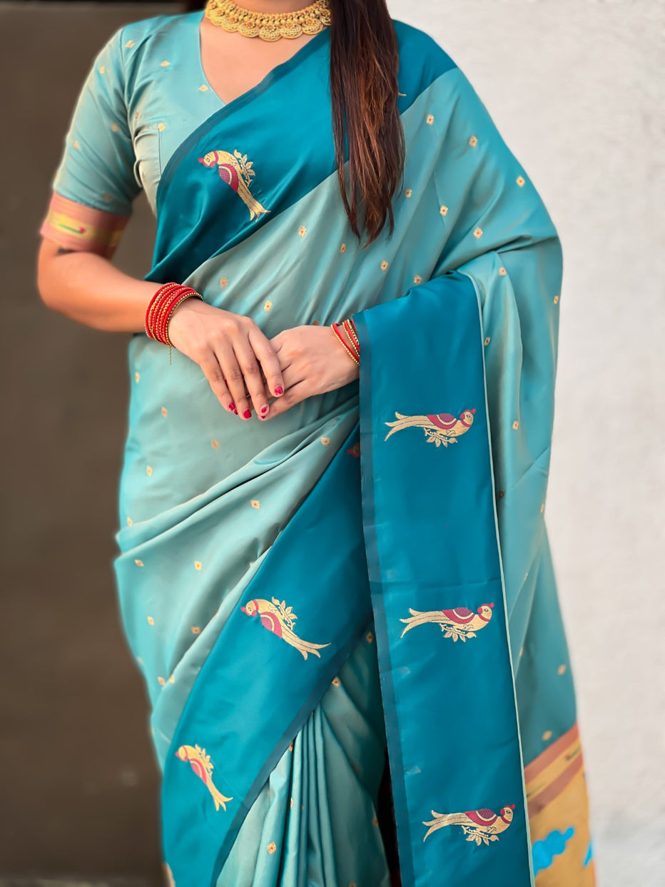 Aqua Blue Pure Premium Soft Silk Pichwai Nature Zari Weaving Saree 