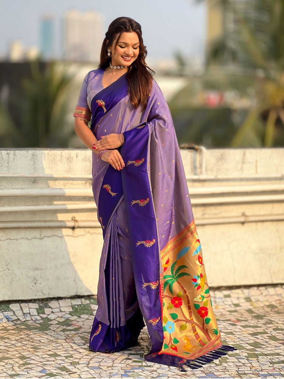 Lavender Pure Premium Soft Silk Pichwai Nature Zari Weaving Saree 