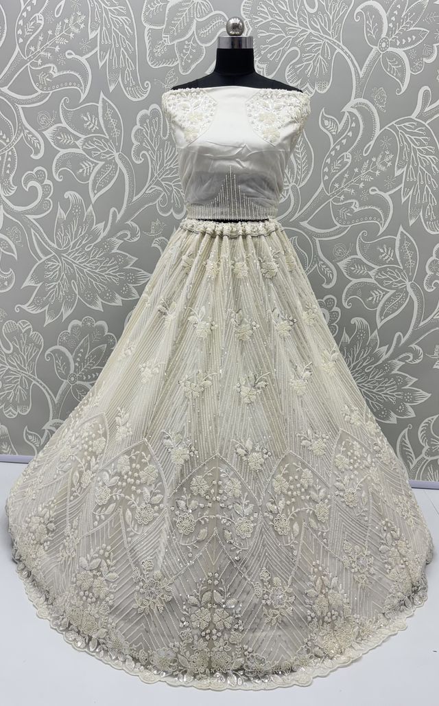 White Pure Heavy Net Motif Handwork Zari Sequins Work Bridal Lehenga Choli
