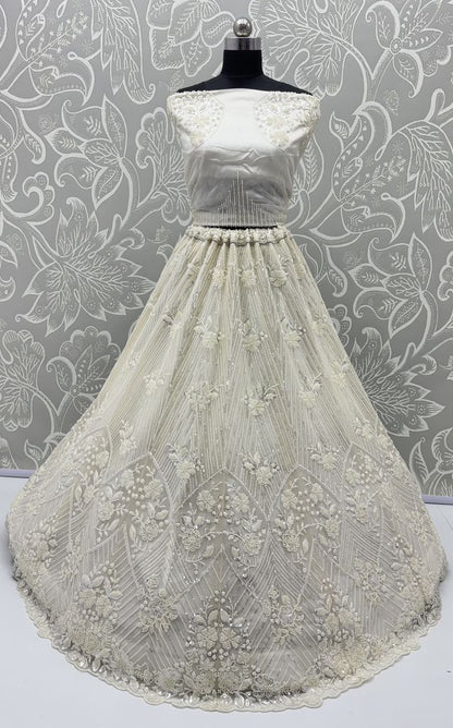 White Pure Heavy Net Motif Handwork Zari Sequins Work Bridal Lehenga Choli