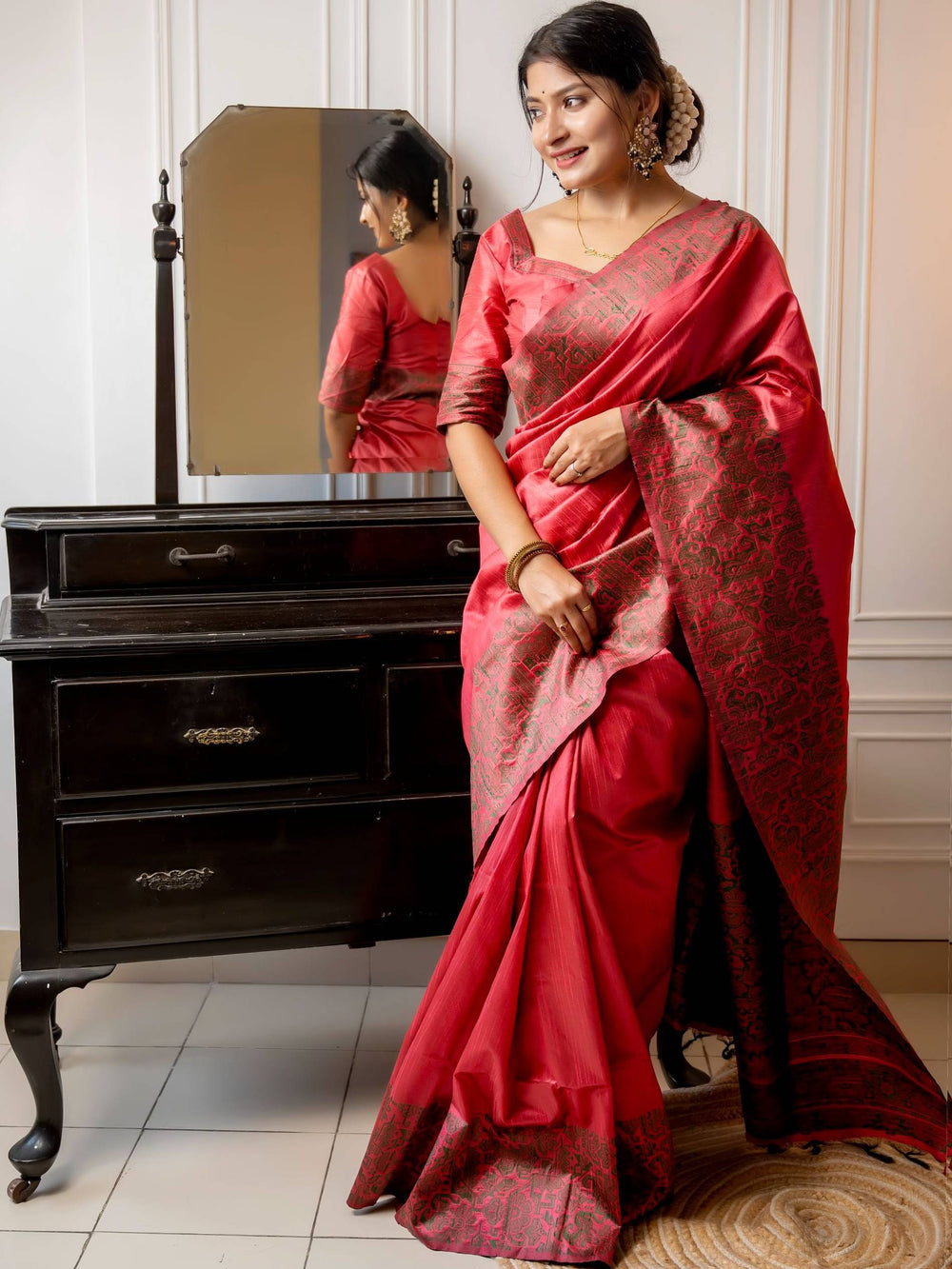 Red Pure Row Handloom Silk Saree Tussar Saree Anant Tex Exports Pvt.Ltd..