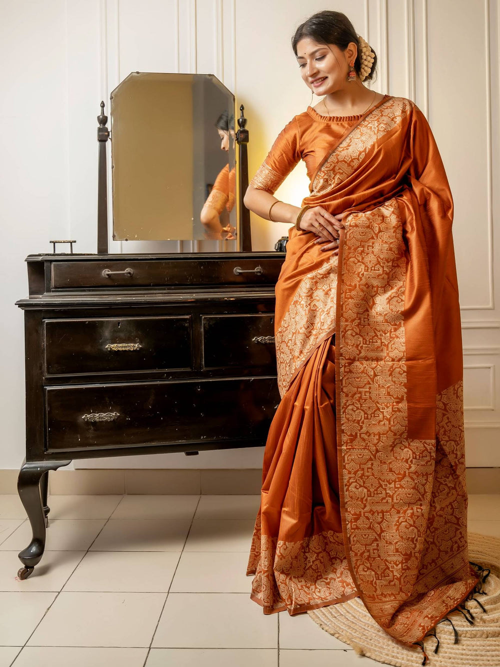 Orange Pure Handloom Row Silk Saree