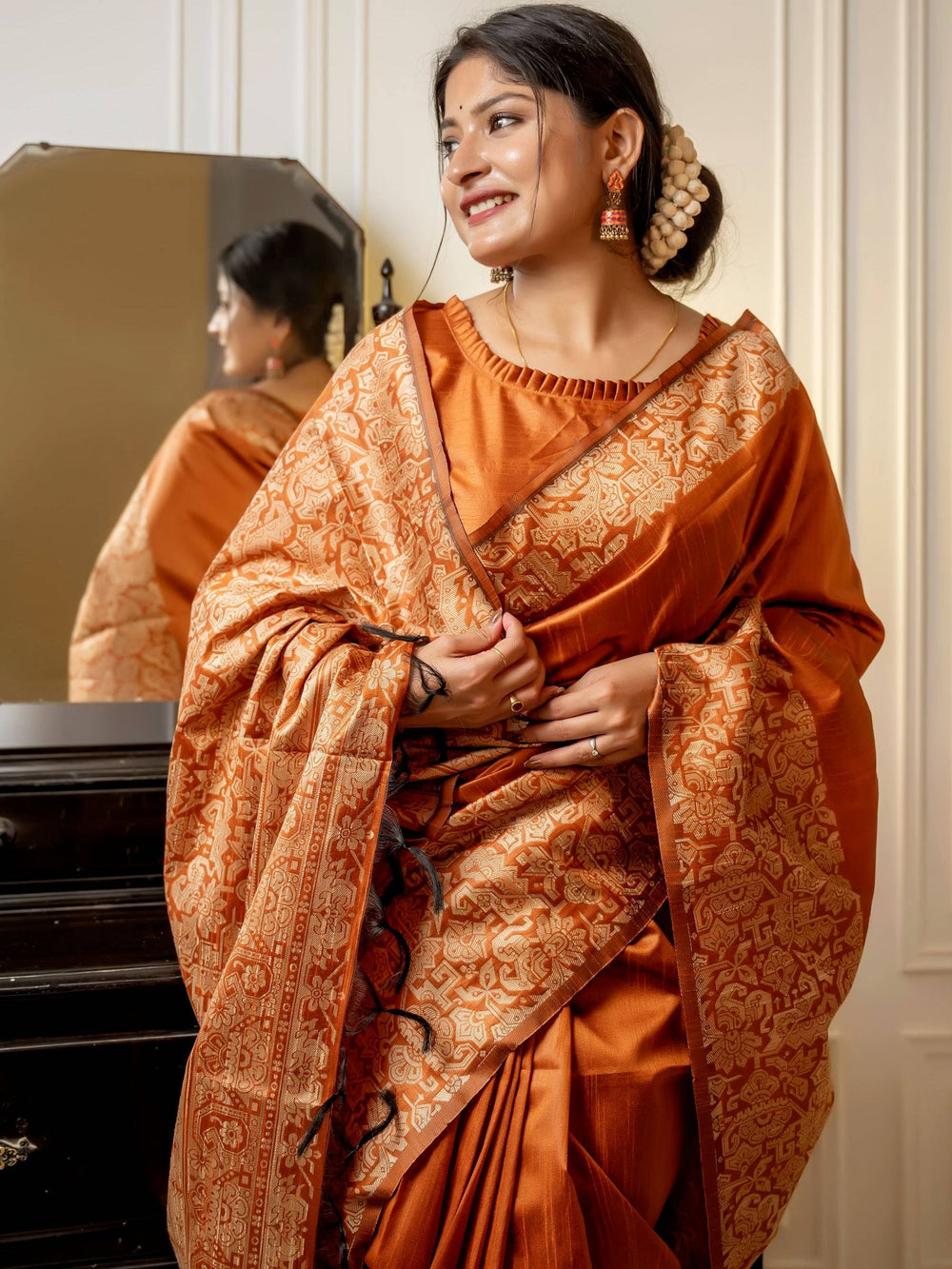 Orange Pure Handloom Row Silk Saree