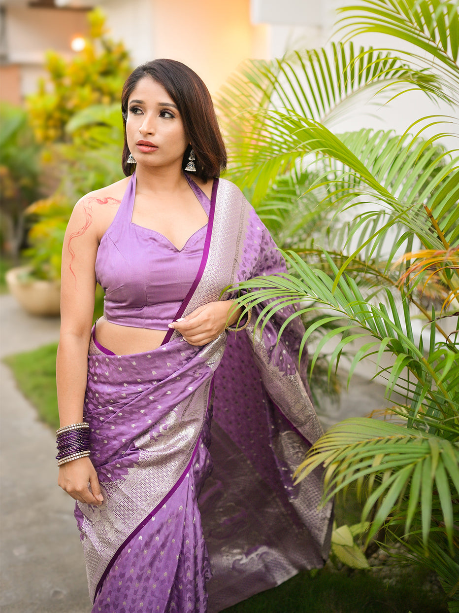 Lavender Banarasi Satin Silk Zari Banarasi Saree Panetar Saree Anant Tex Exports Pvt.Ltd..