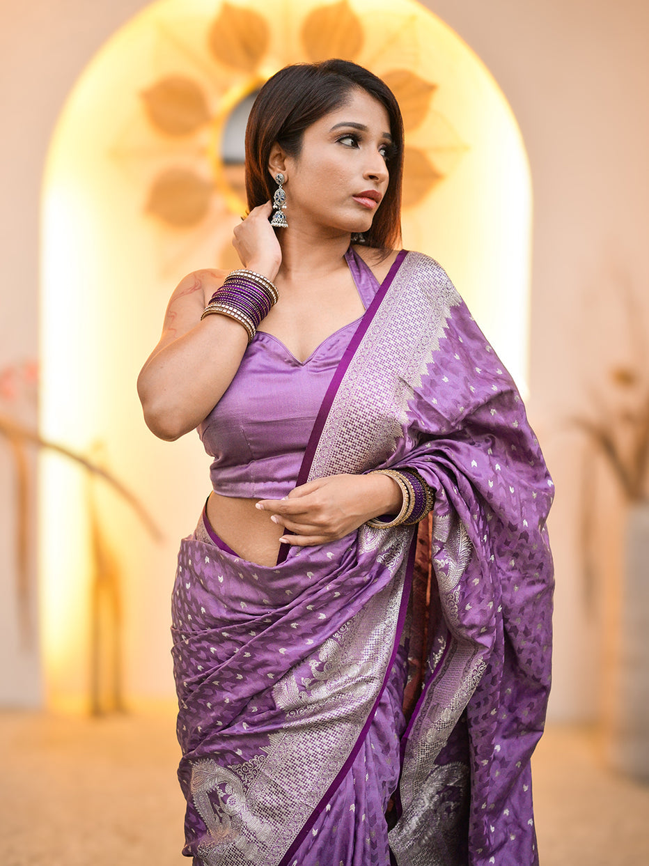 Lavender Banarasi Satin Silk Zari Banarasi Saree