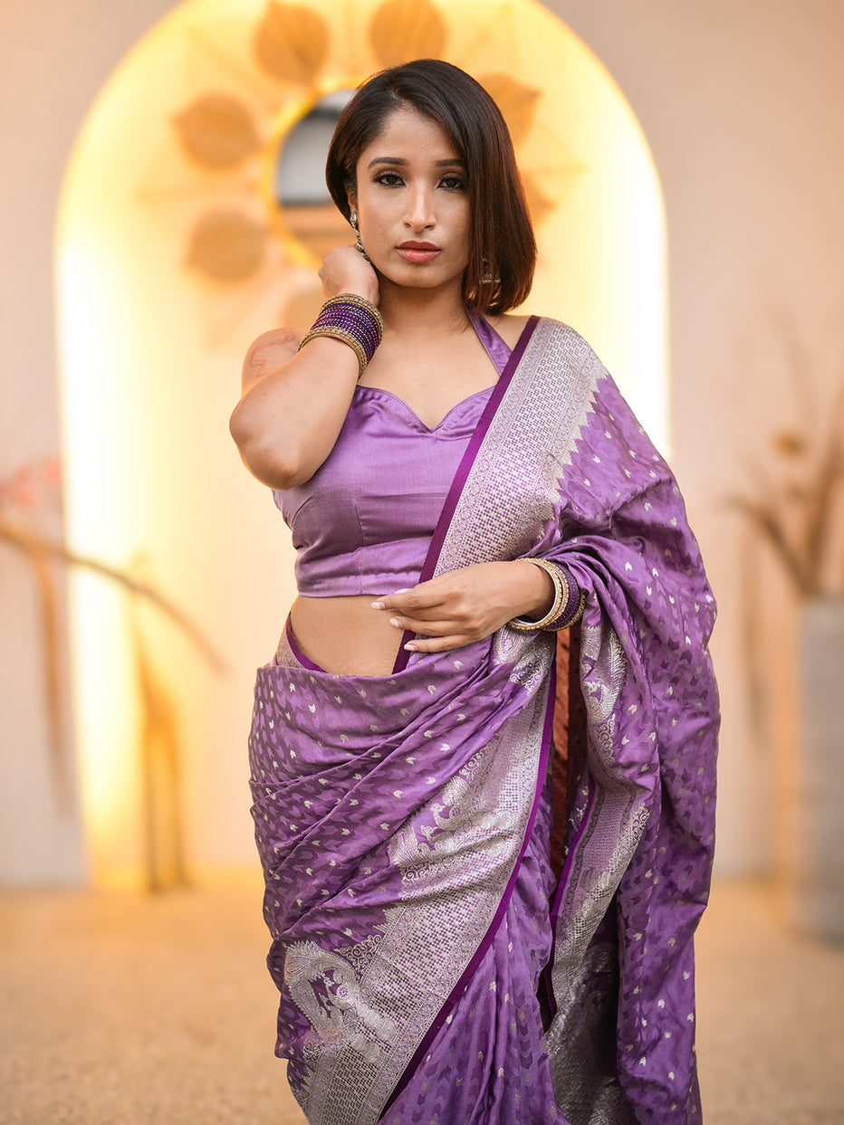 Lavender Banarasi Satin Silk Zari Banarasi Saree Panetar Saree Anant Tex Exports Pvt.Ltd..
