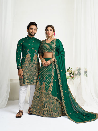 Green Pure Soft Fendi Silk Matching Combo Couple Dress  Anant Tex Exports Pvt.Ltd..