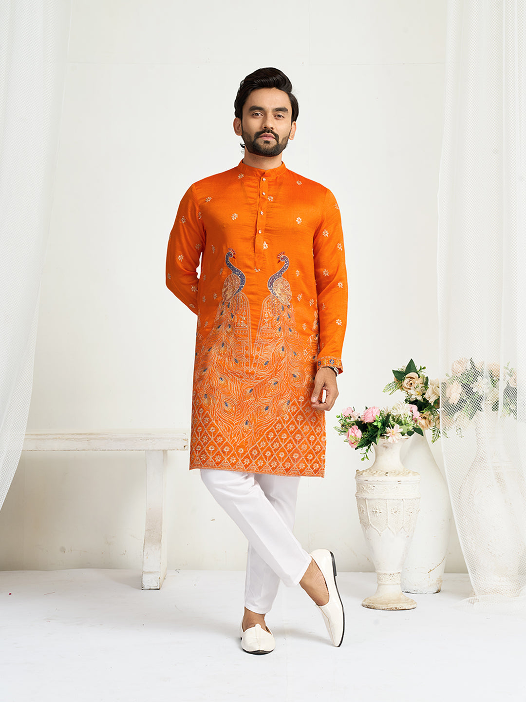 Orange Pure Soft Fendi Silk Matching Combo Couple Dress  Anant Tex Exports Pvt.Ltd..