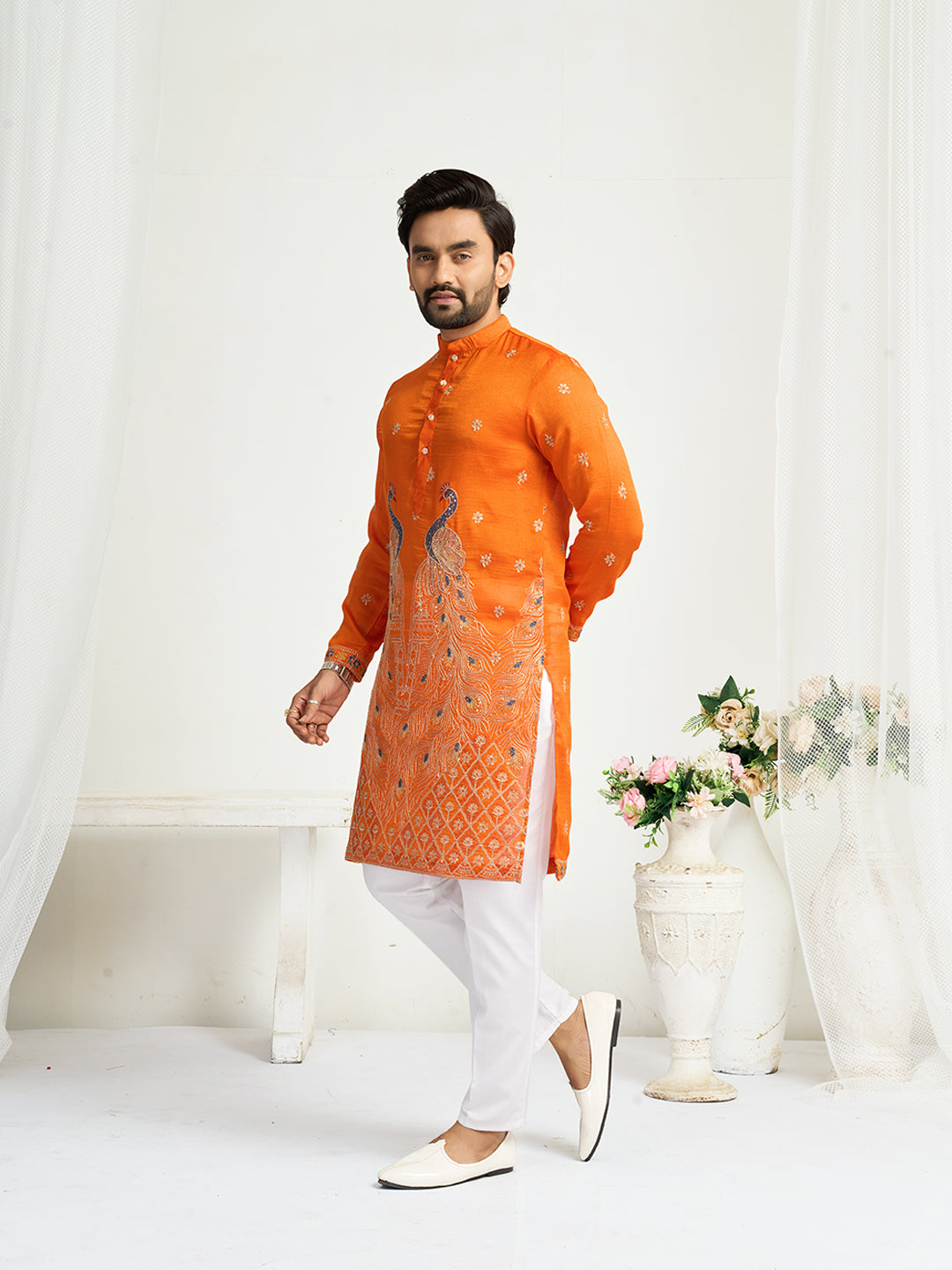 Orange Pure Soft Fendi Silk Matching Combo Couple Dress  Anant Tex Exports Pvt.Ltd..