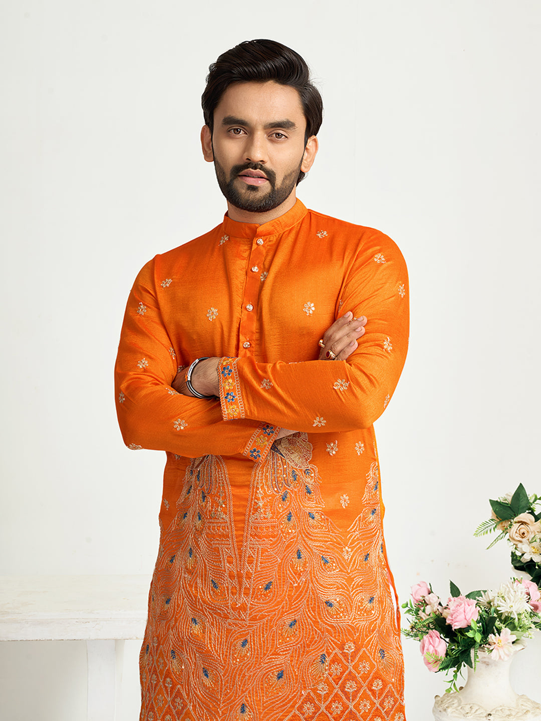 Orange Pure Soft Fendi Silk Matching Combo Couple Dress  Anant Tex Exports Pvt.Ltd..