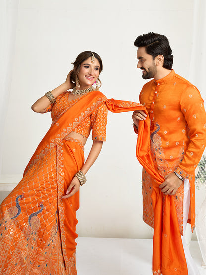 Orange Pure Soft Fendi Silk Matching Combo Couple Dress  Anant Tex Exports Pvt.Ltd..