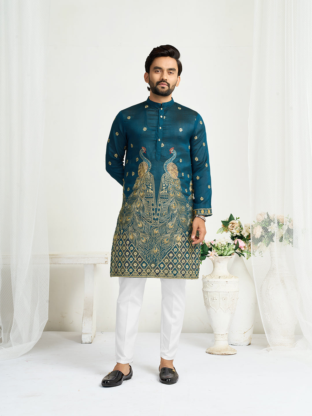 Teal Blue Pure Soft Fendi Silk Matching Combo Couple Dress  Anant Tex Exports Pvt.Ltd..