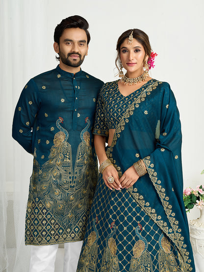 Teal Blue Pure Soft Fendi Silk Matching Combo Couple Dress  Anant Tex Exports Pvt.Ltd..