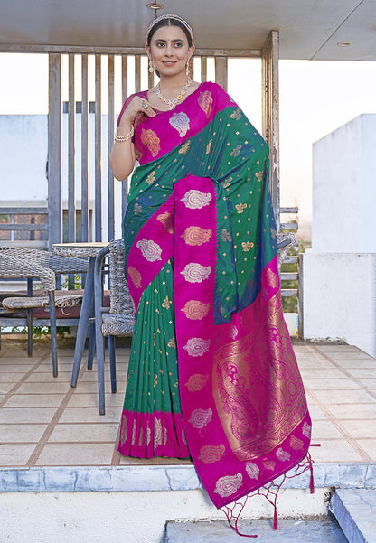 Green Soft Silk Contrast Zari Paithani Saree