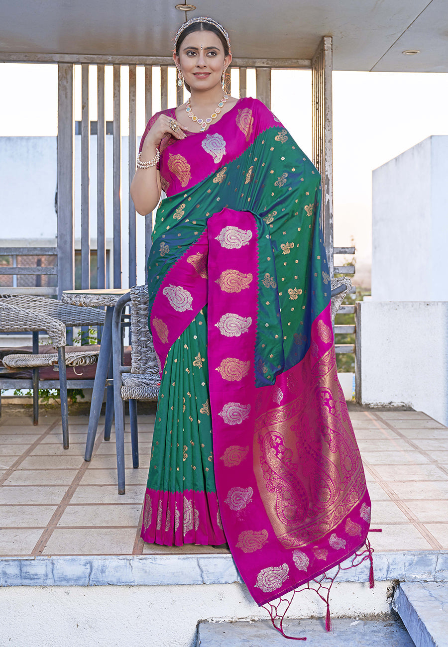 Green Soft Silk Contrast Zari Paithani Saree