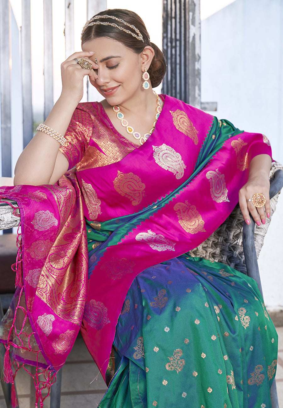 Green Soft Silk Contrast Zari Paithani Saree