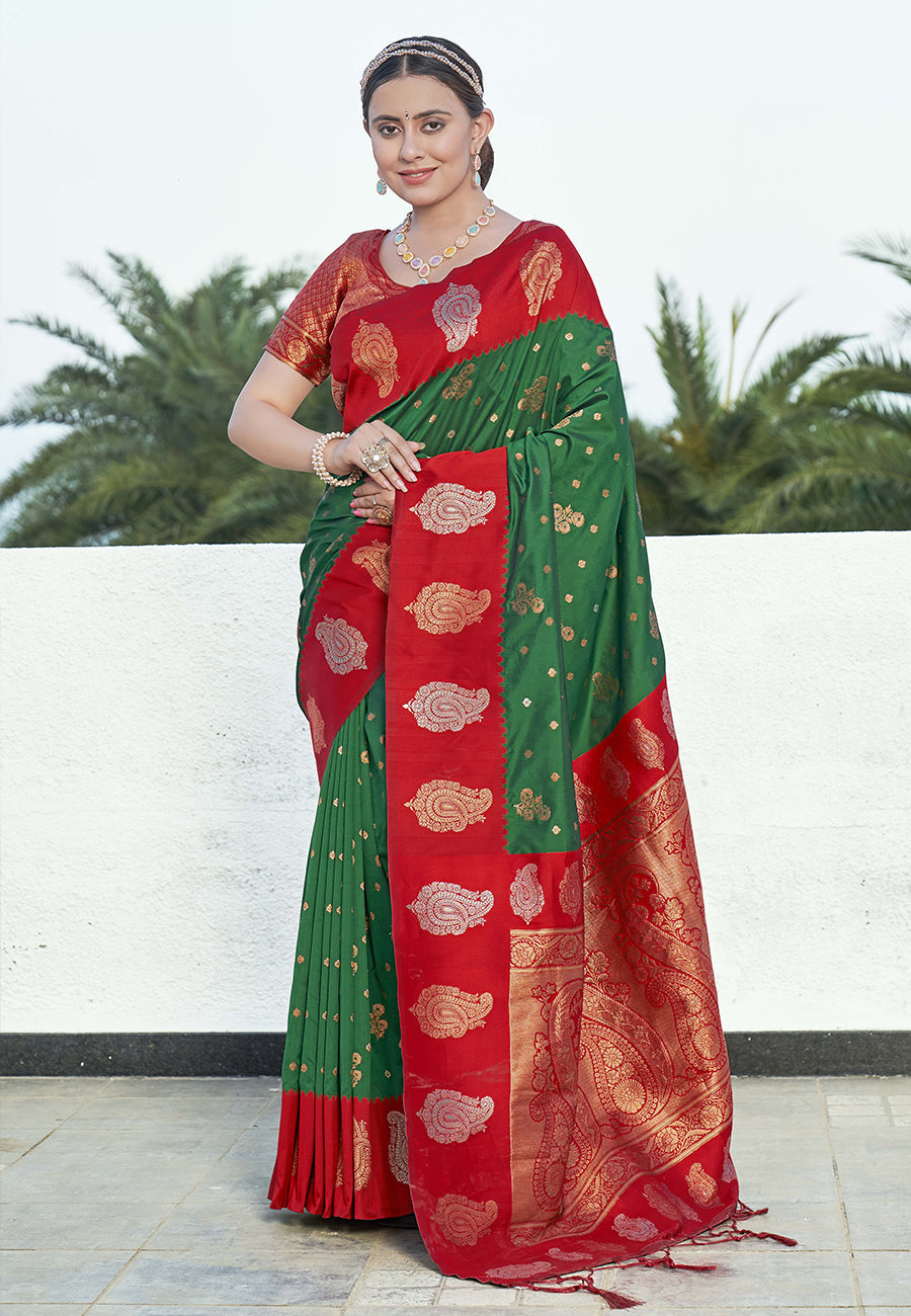 Hippie Green Soft Silk Contrast Zari Paithani Saree