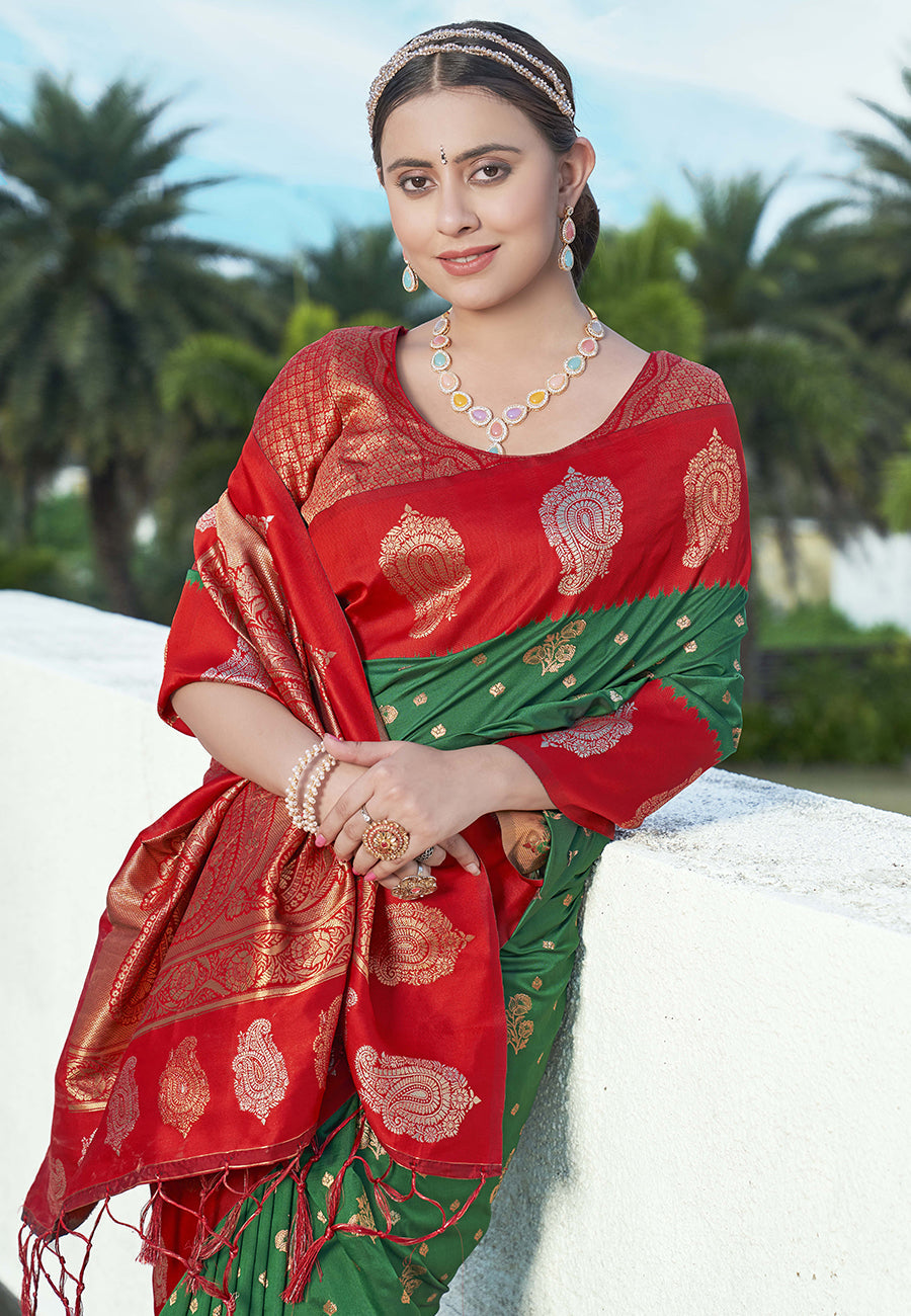 Hippie Green Soft Silk Contrast Zari Paithani Saree