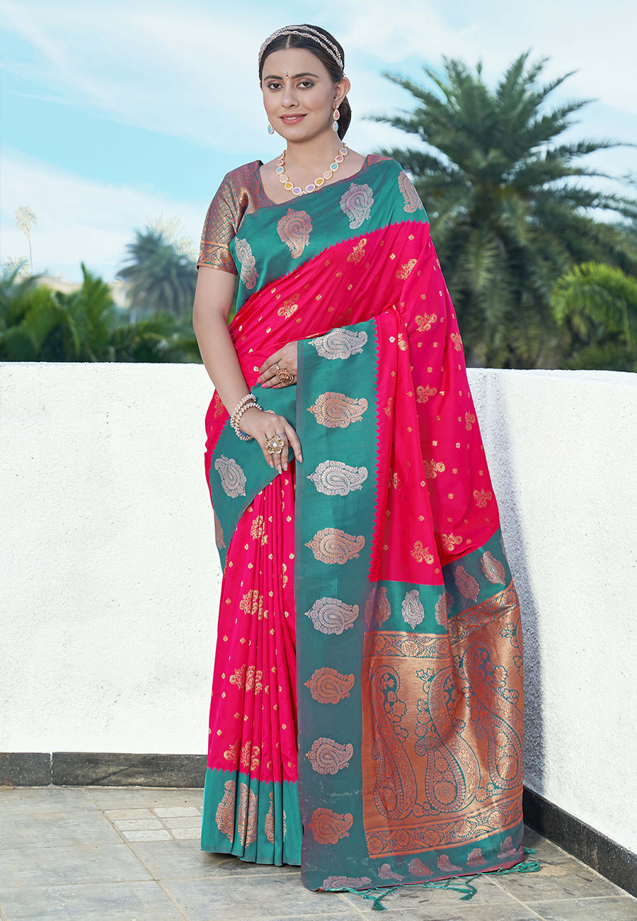 Raspberry Soft Silk Contrast Zari Paithani Saree