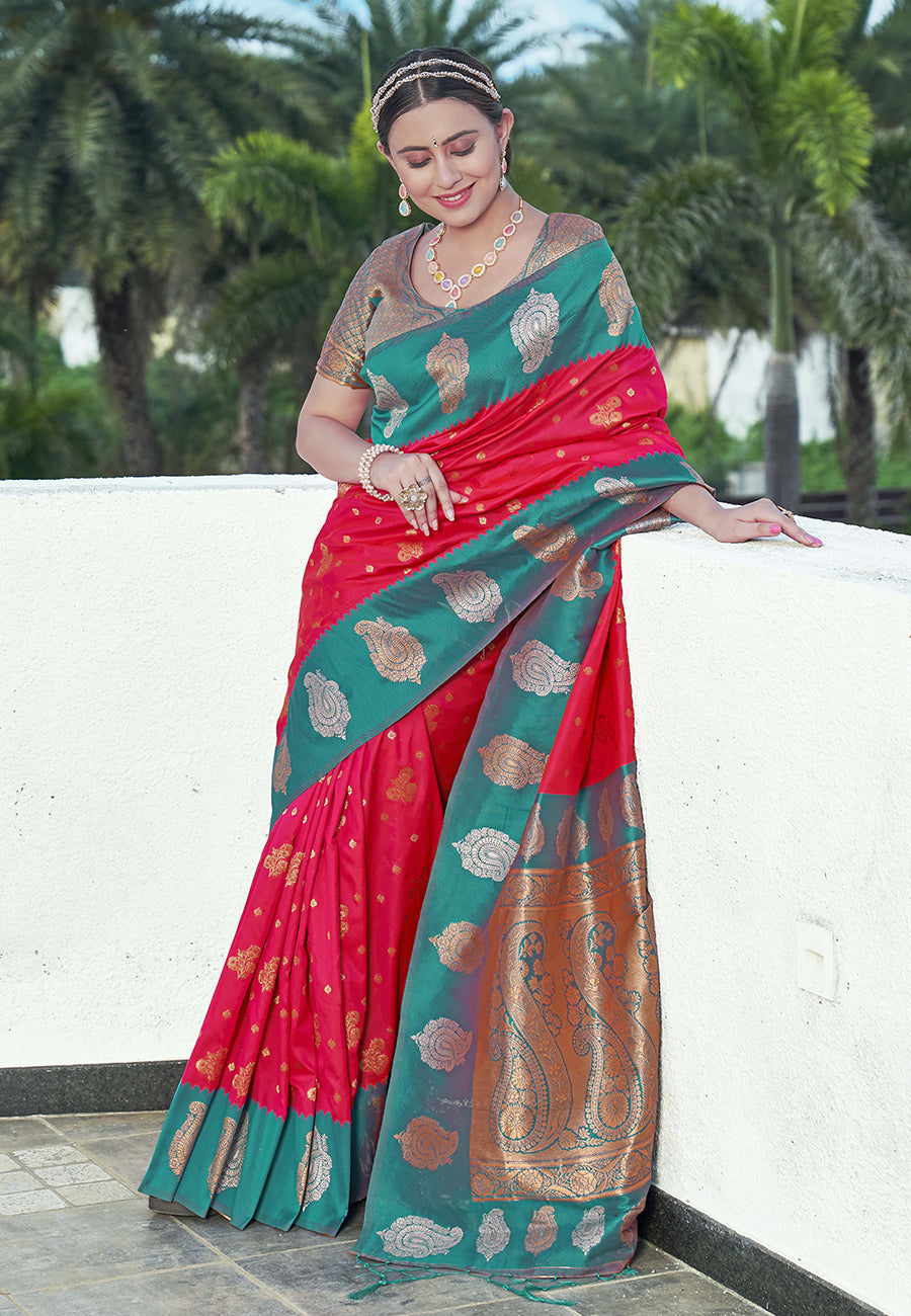 Raspberry Soft Silk Contrast Zari Paithani Saree