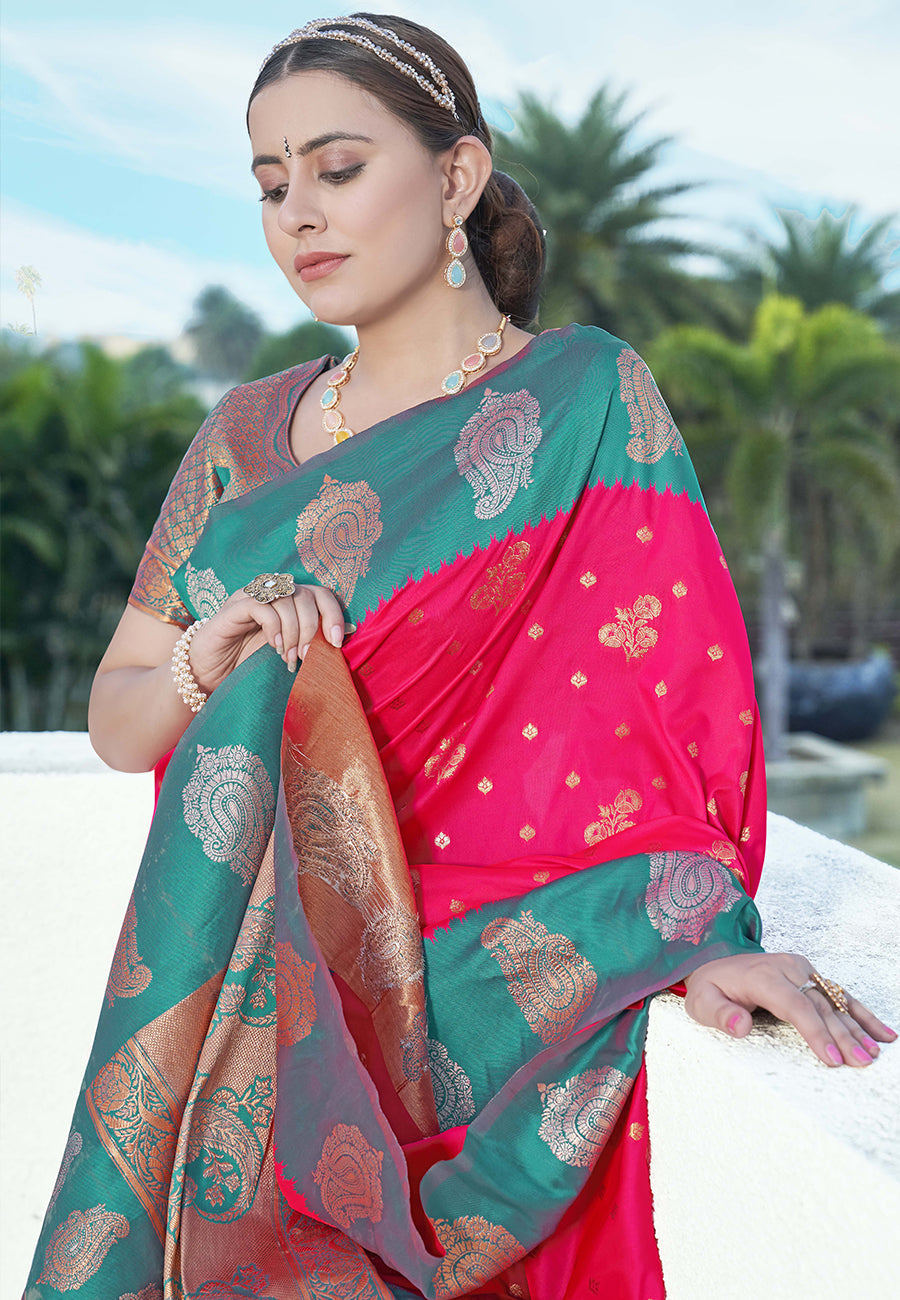 Raspberry Soft Silk Contrast Zari Paithani Saree