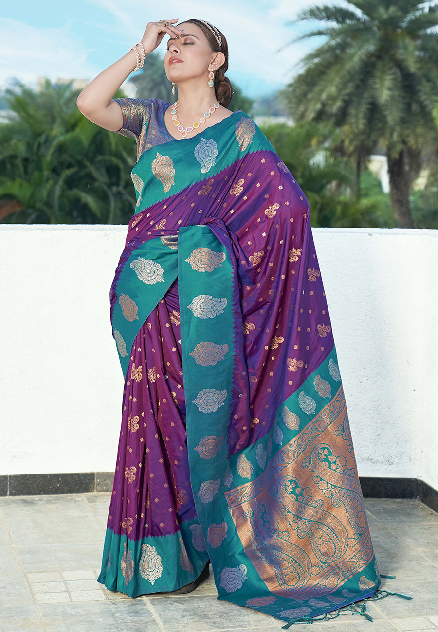 Warm Purple Soft Silk Contrast Zari Paithani Saree