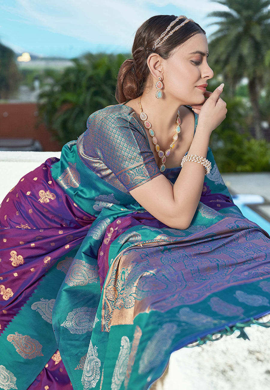 Warm Purple Soft Silk Contrast Zari Paithani Saree